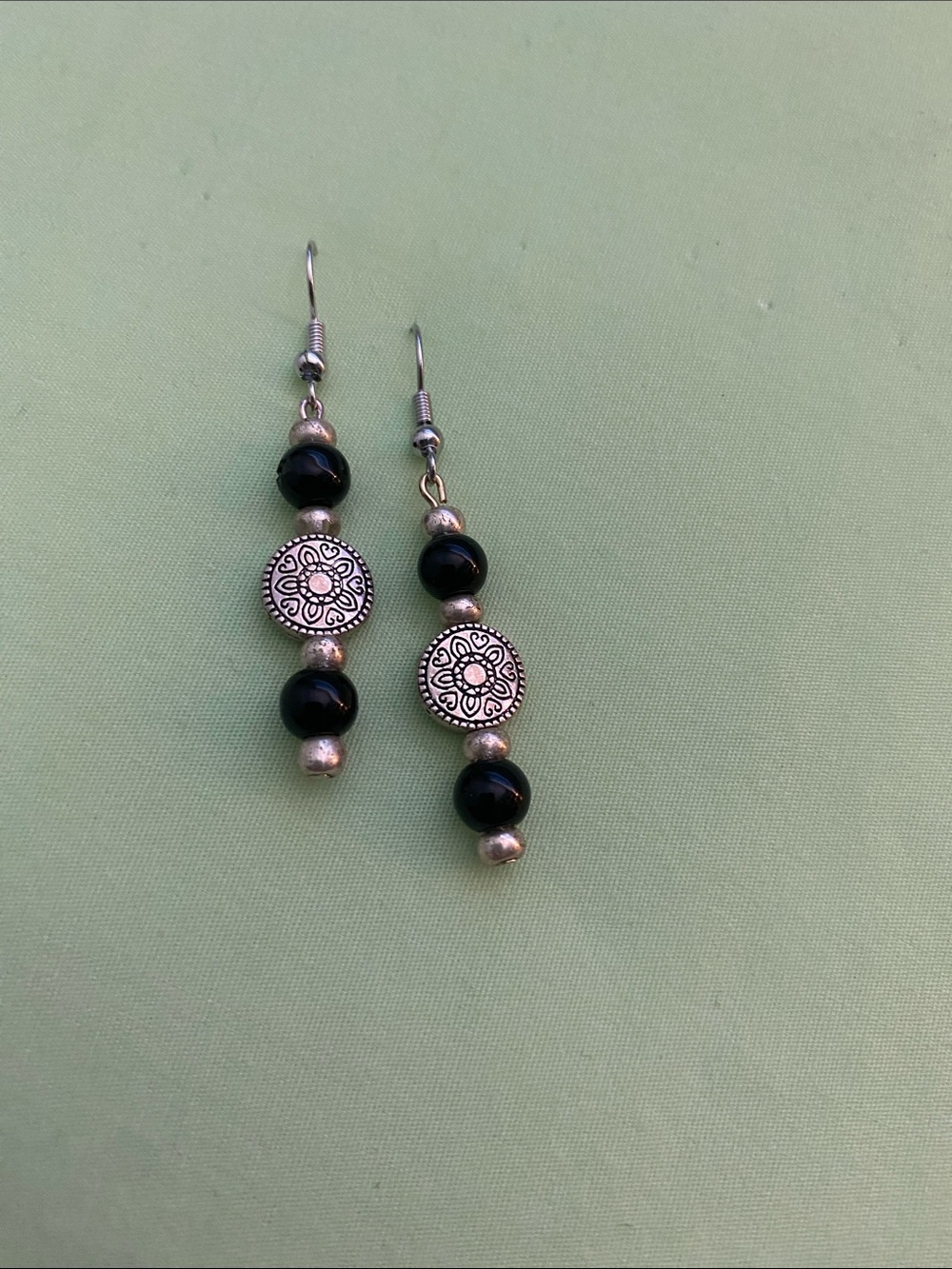 Black Bead and Silver Medallion Dangle Earrings